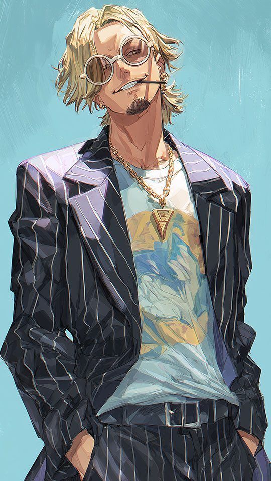 Sandy from once piece wearing suit and sunglasses