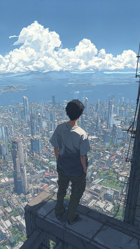 Anime character from behind, looking over a city from a rooftop
