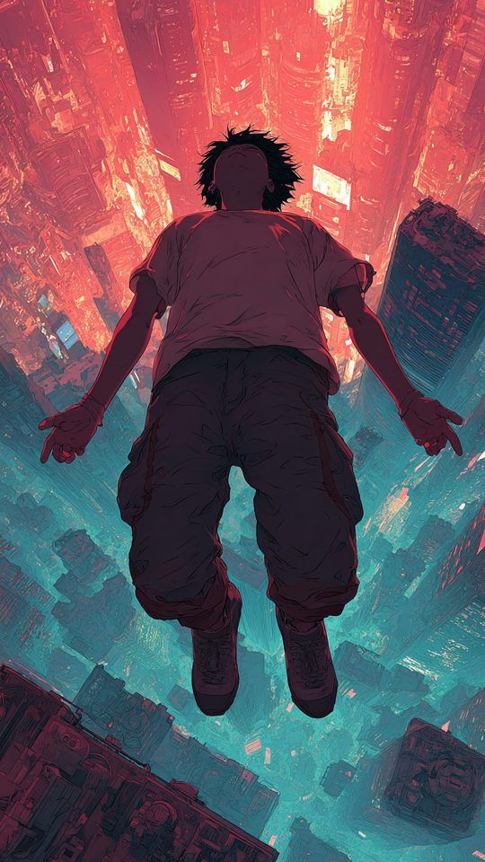 Person floating above a futuristic city in red and teal tones.