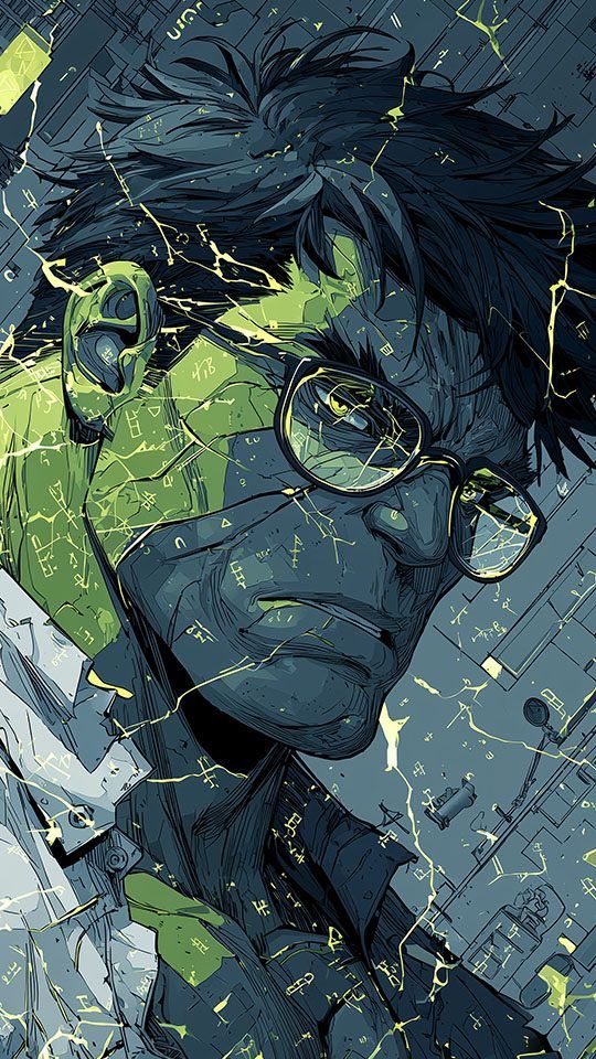 A stylized, ink-wash style illustration of Bruce Banner wearing glasses, with green energy and technical patterns overlaying the image