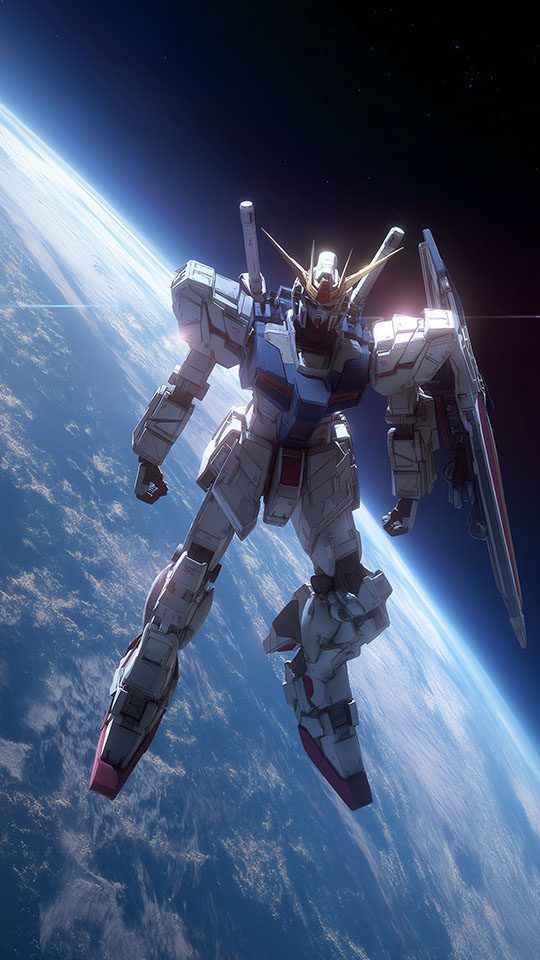 Realistic render of a white and blue Gundam mobile suit floating in space high above the planet Earth.