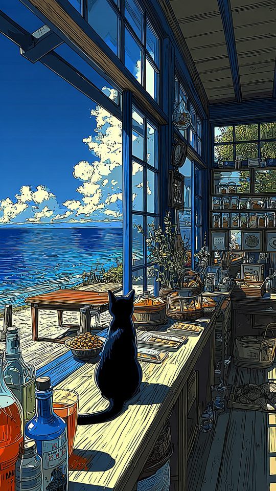 An anime illustration style, a black cat sits on a wooden counter, looking out a large window at a bright blue sea and sky
