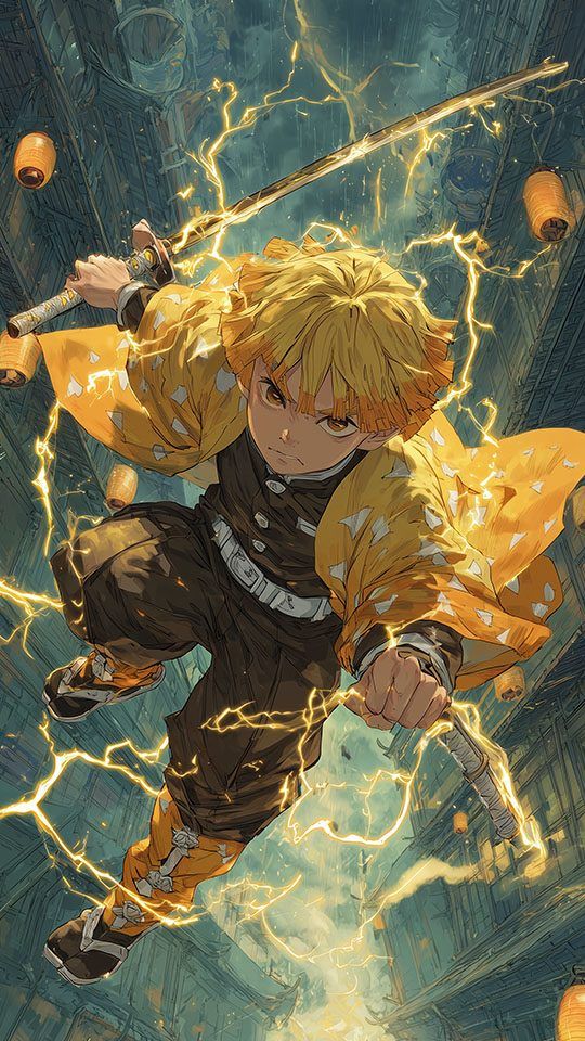 Zenitsu Agatsuma from Demon Slayer in a dynamic action pose, surrounded by yellow lightning as he wields his sword