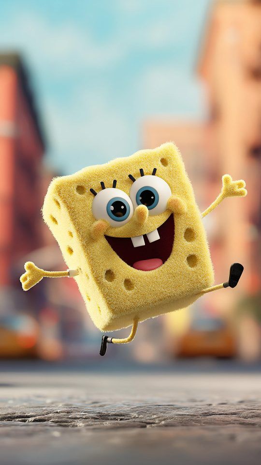 Cheerful 3D rendering of SpongeBob SquarePants jumping in a city street with a big smile, arms and legs spread wide