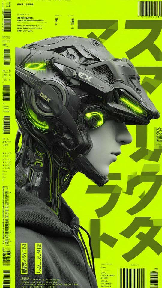 Futuristic Cyberpunk Mecha Helmet on a green background with japanese hiragana