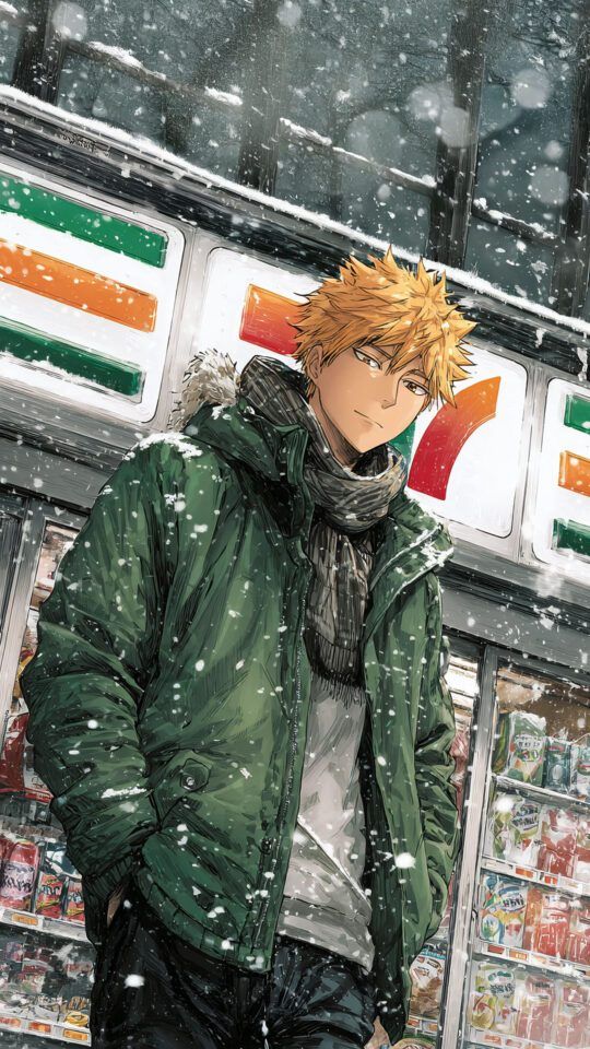 Kurosaki from Bleach, capturing a quiet moment in the snow outside a Japanese convenience store