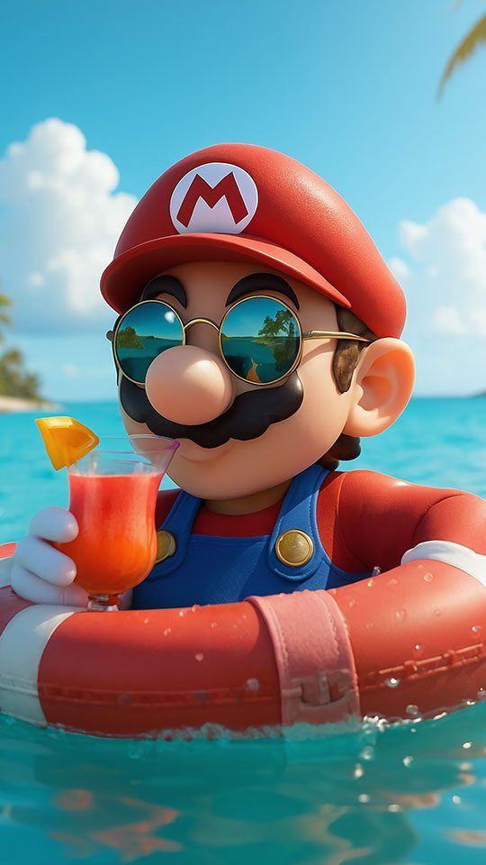 The video game character Mario wearing sunglasses, a red cap, and blue overalls while relaxing in an inflatable ring in the ocean and sipping a drink.