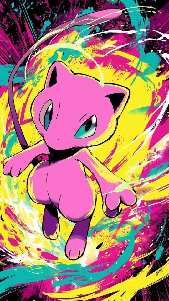 The pink Pokémon Mew floating in front of a colorful and chaotic background of yellow, pink, and teal paint splatters in a pop art style.