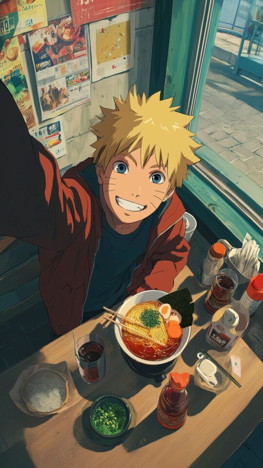 Naruto Uzumaki taking a happy selfie with his favorite bowl of ramen at a bustling ramen shop