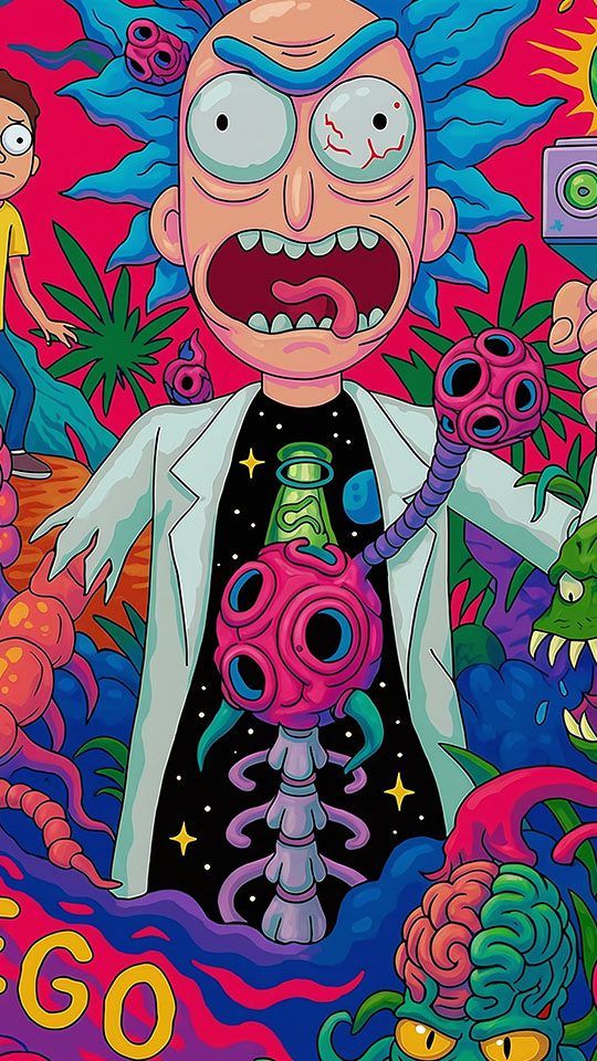 sychedelic illustration of a manic Rick Sanchez and a worried Morty surrounded by colorful, bizarre aliens and interdimensional creatures