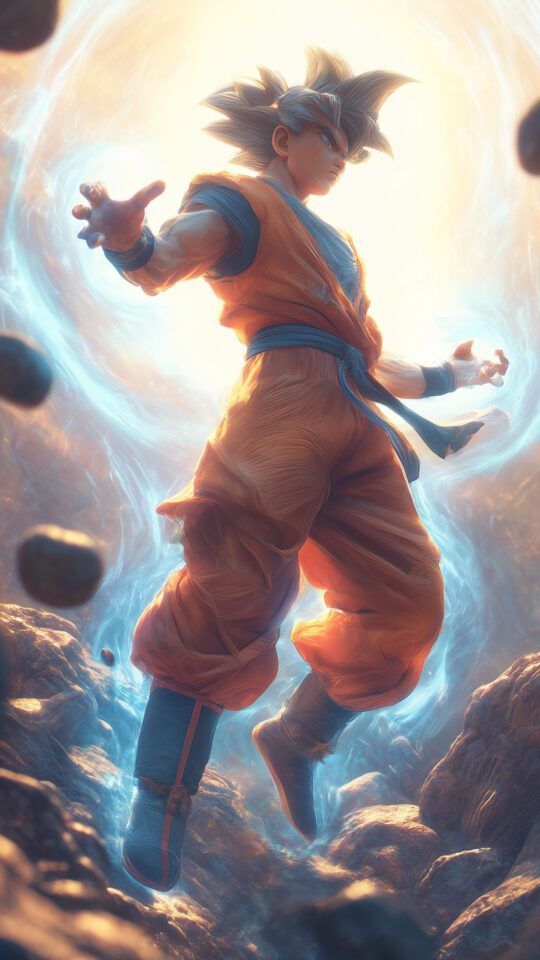 hyper-realistic depiction of Son Goku from Dragon Ball, levitating as he gathers an immense amount of blue and white ki energy.