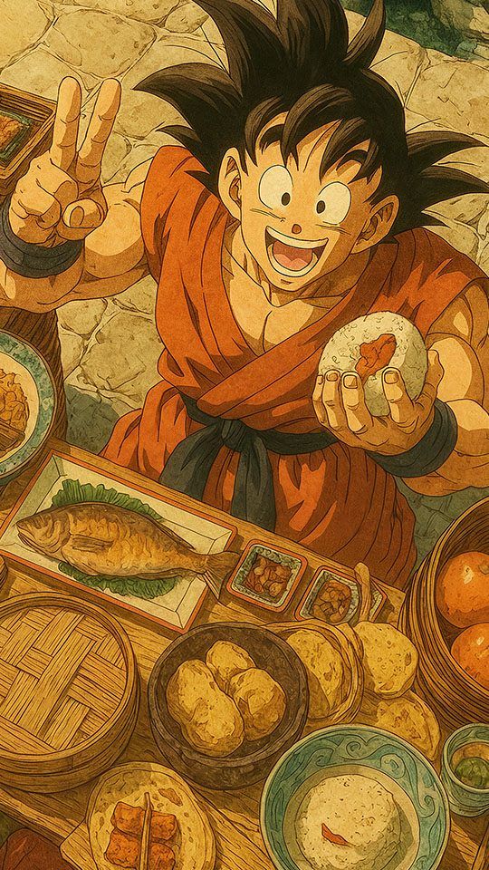 Son Goku in his orange gi, sitting at a table laden with food, happily holding a rice ball and giving a peace sign.