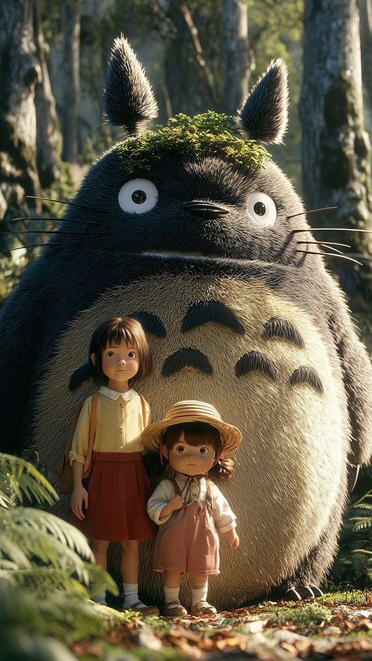 A hyper-realistic render of Totoro, Satsuki, and Mei from Studio Ghibli's My Neighbor Totoro, posing together in a detailed, sunlit forest.