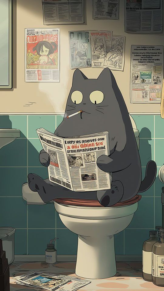 An anime-style black cat sits on a toilet while smoking a cigarette and reading a newspaper, in a bathroom with posters on the wall.