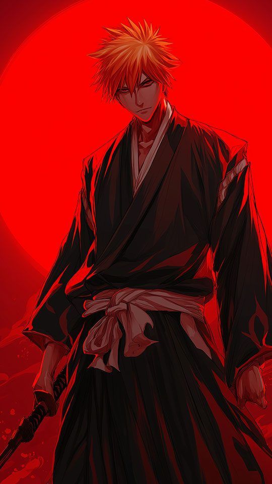 Ichigo Kurosaki in Shinigami Form Against a Red Moon