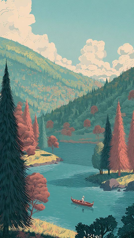 A person rowing a small red boat across a tranquil lake in a graphic illustration style, with hills covered in autumn-colored trees in the background.