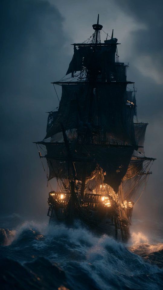 pirate galleon with glowing lanterns, navigating the rough waves of a stormy sea at night