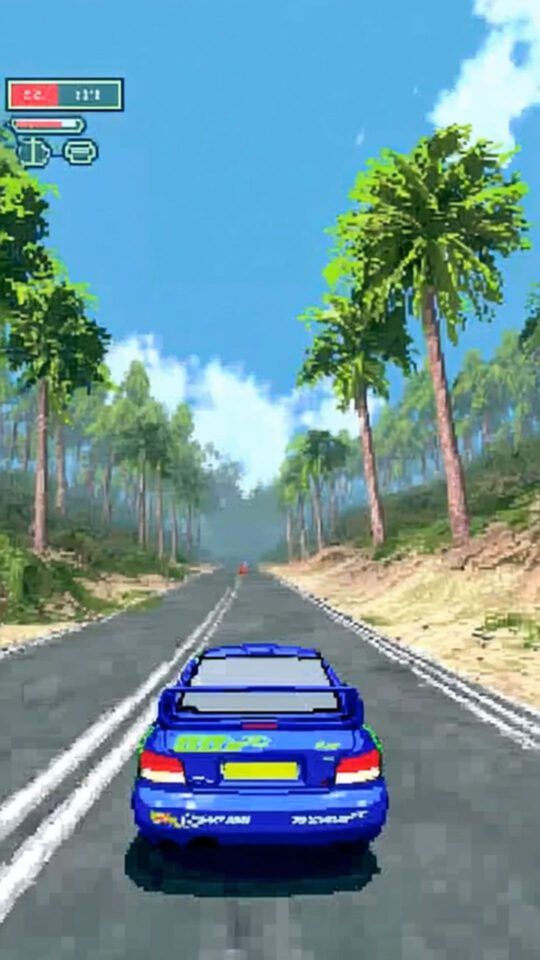 3D retro game ps1 racing car driving on a road surrounded by palm trees