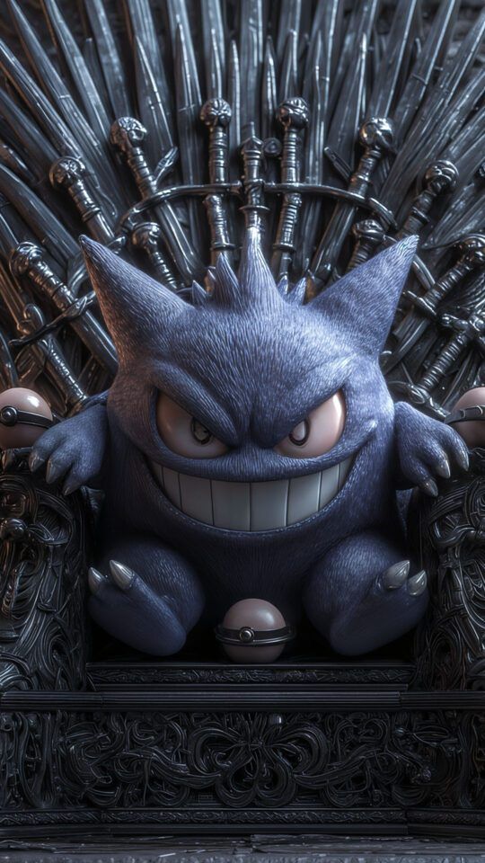 3D renderof Genera Pokemon, sitting on the Iron Throne from Game of Thrones.