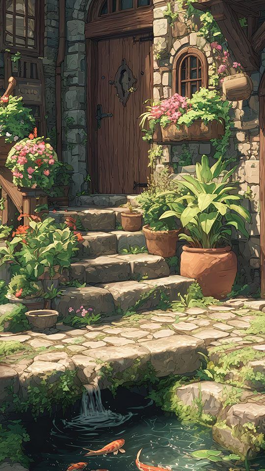 An illustration of stone steps leading to a rustic cottage door, surrounded by plants and a koi pond.