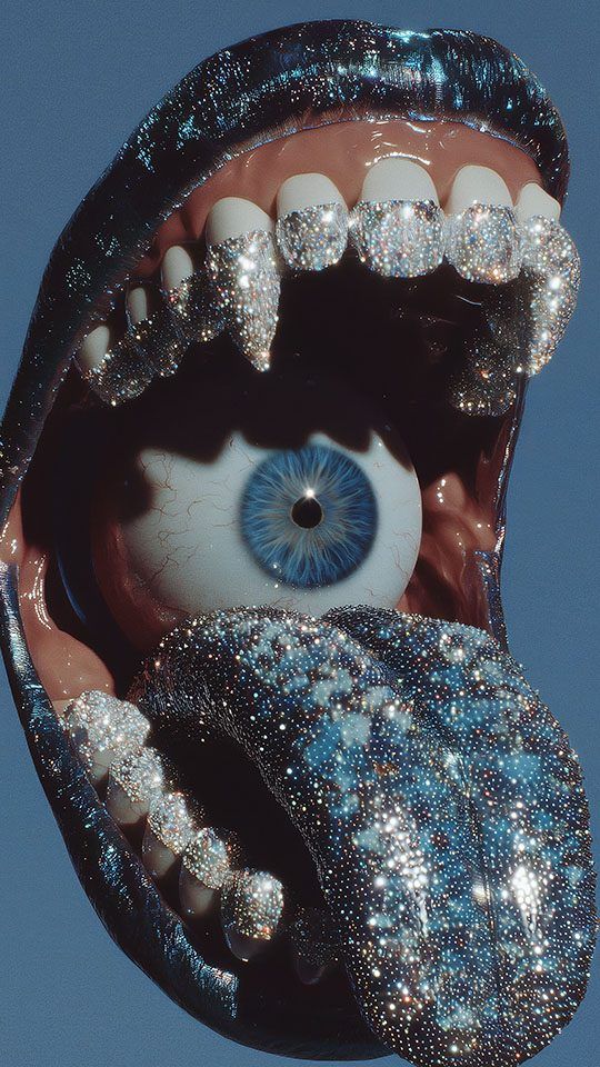 Surreal art of a mouth with glitter-encrusted teeth and tongue, with a blue eyeball inside instead of a throat.