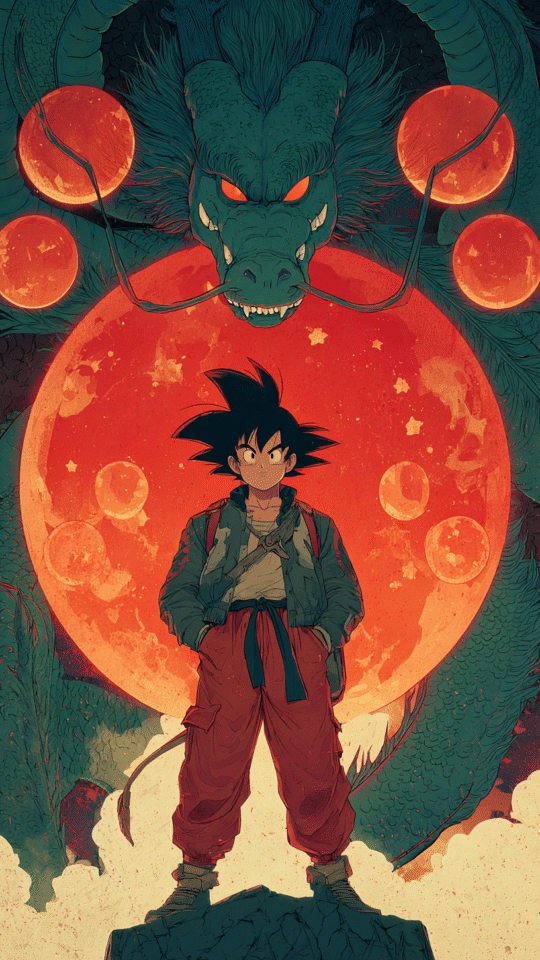 Goku, a character from Dragon Ball Z, in a modern jacket and red pants, standing with his hands in his pockets. Behind him is a large red full moon and the green dragon Shenron, with all seven orange Dragon Balls.