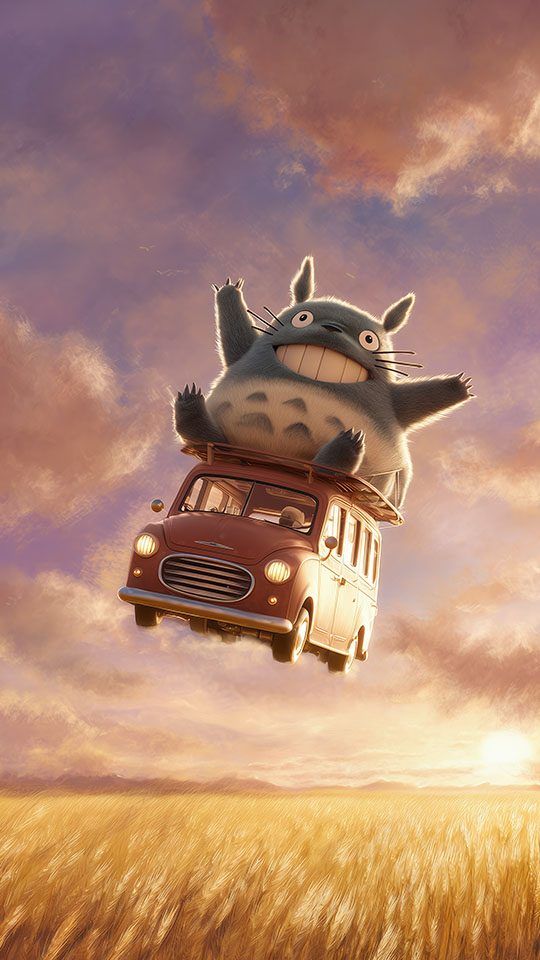 3D render of Totoro sitting cheerfully on a flying red bus above a field during sunset.