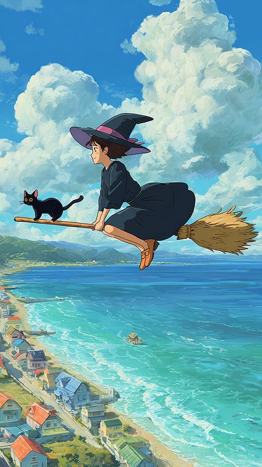 Kiki and her black cat Jiji from Kiki's Delivery Service flying on a broomstick above a coastal town and the sea.