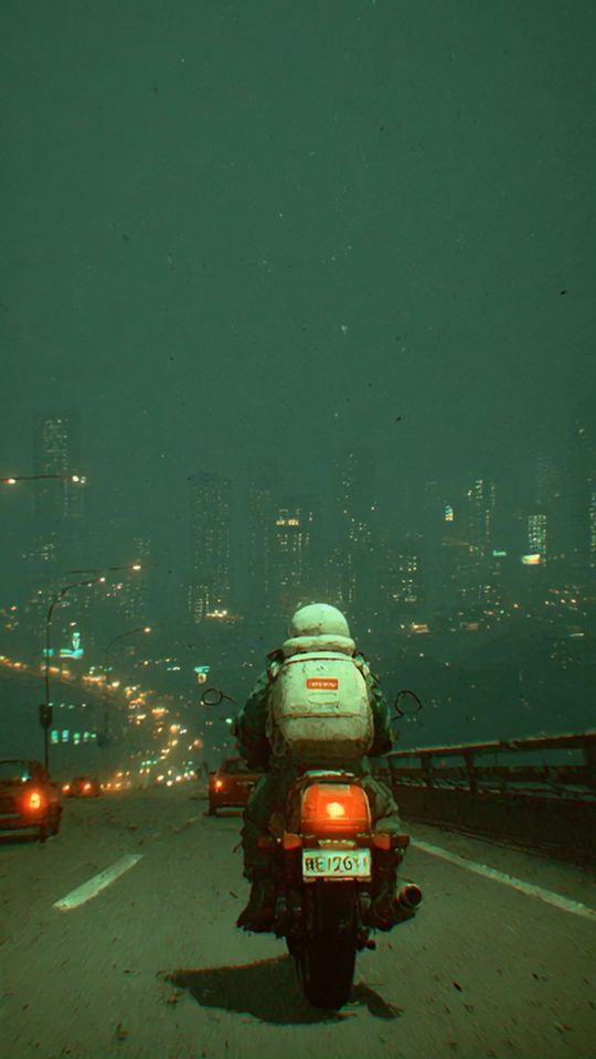 moody ride on a motorcycle towards a foggy, neon-lit city skyline at night.