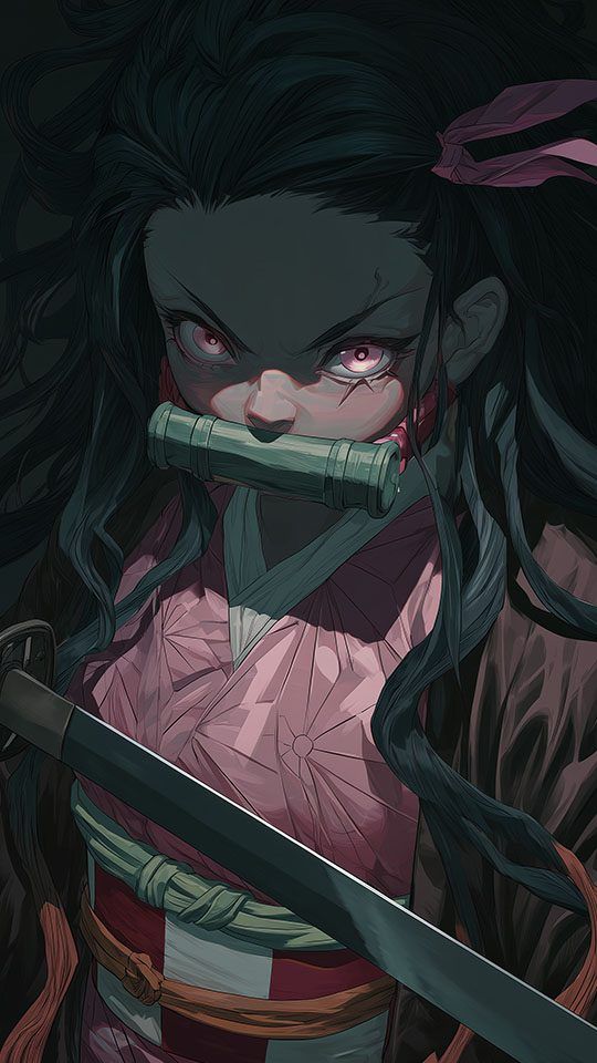 Intense close-up illustration of Nezuko Kamado from Demon Slayer with glowing pink eyes and a bamboo muzzle.
