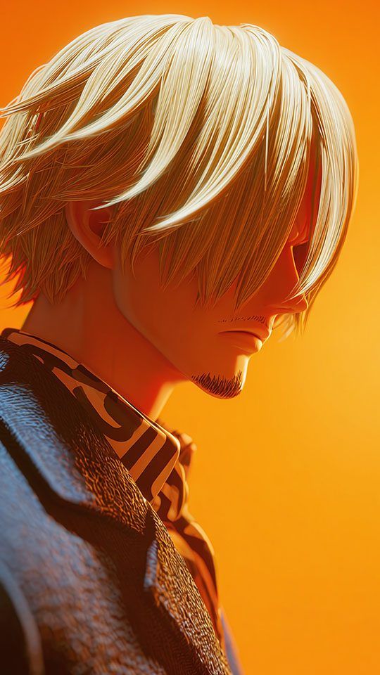 Close-up 3D render of Sanji from One Piece with blonde hair and a goatee, against a warm orange background.