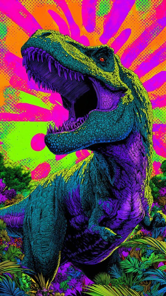 A stylized pop-art illustration of a roaring T-Rex, depicted in vivid neon green and purple against a psychedelic pink and orange background