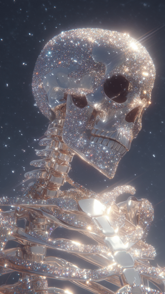 A skeleton made of precious metal and covered in sparkling diamonds under a starry sky.