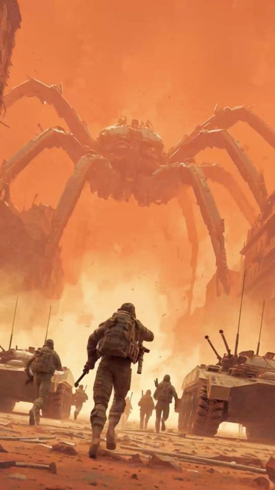 Soldiers Retreating from Giant Mechanical Spider during a futuristic war