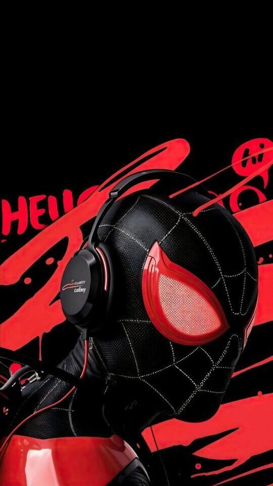 Miles Morales in a black and red Spider-Man suit, wearing headphones on a dark background with red paint splatters, digital art style.