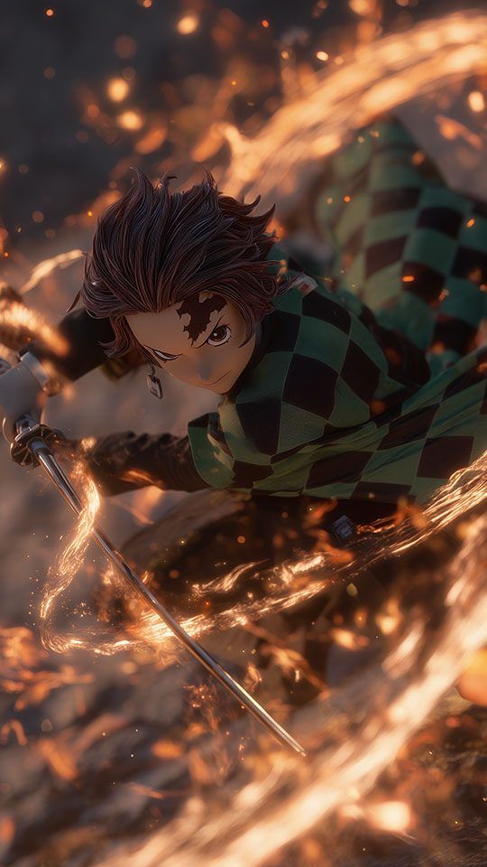 Tanjiro Kamado from Demon Slayer in a dynamic 3D-rendered pose with his fiery katana.