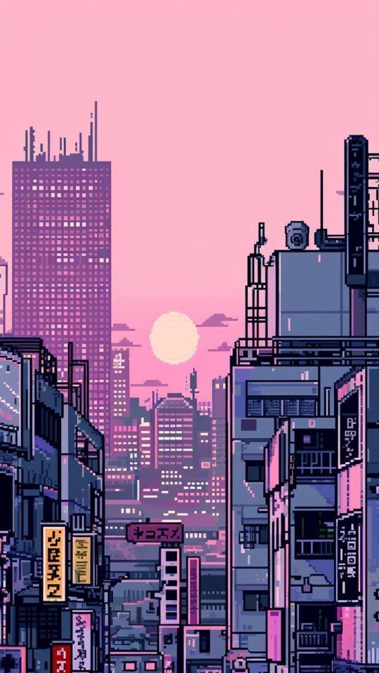 Tokyo Street Pixel Art wallpaper with a pink sky in the evening