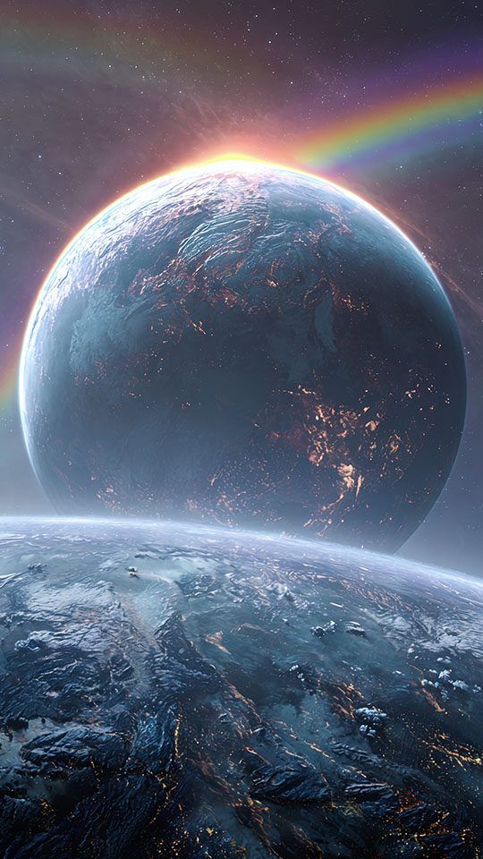 A view from space of two detailed planets, with city lights and a rainbow visible on the larger one.