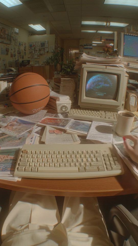A wide-angle view of a cluttered retro office desk from the 1990s with a vintage computer, keyboard, and a basketball.