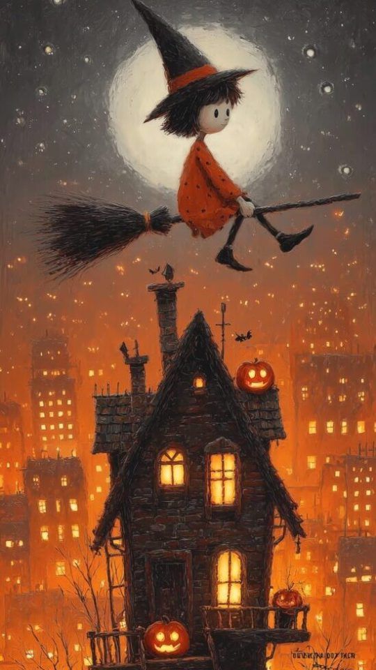 A small, charming witch wearing a pointed hat and an orange shirt, riding a broomstick against a large full moon.