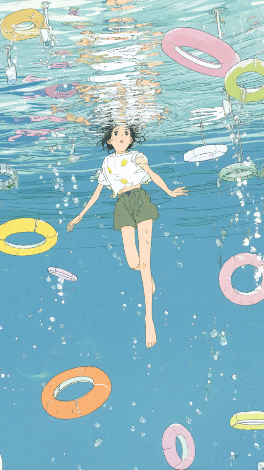 An anime-style drawing of a girl in a white t-shirt and shorts, suspended gracefully beneath the surface of clear water, with several vibrant floating rings around her.