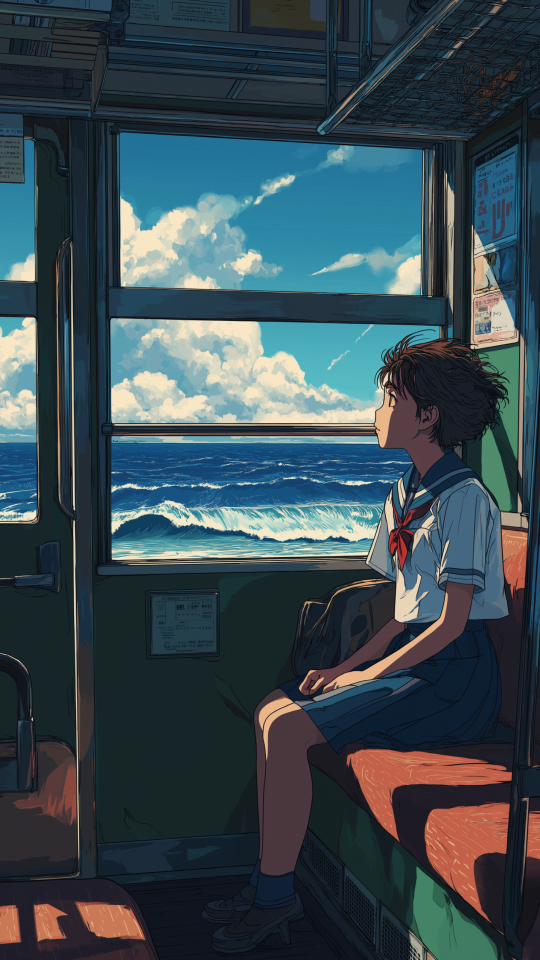 anime girl in Kamakura train looking the ocean at the windows