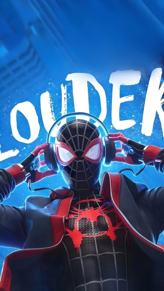 A close-up, vertical shot of Miles Morales in his black and red Spider-Man suit with a red jacket, adjusting a pair of headphones on his head. The background features a blurred blue light and the word "LOUDER" in white.