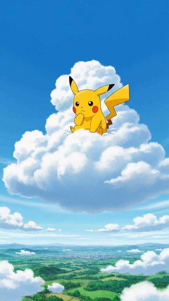 pikachu on a cloud in the sky looking down