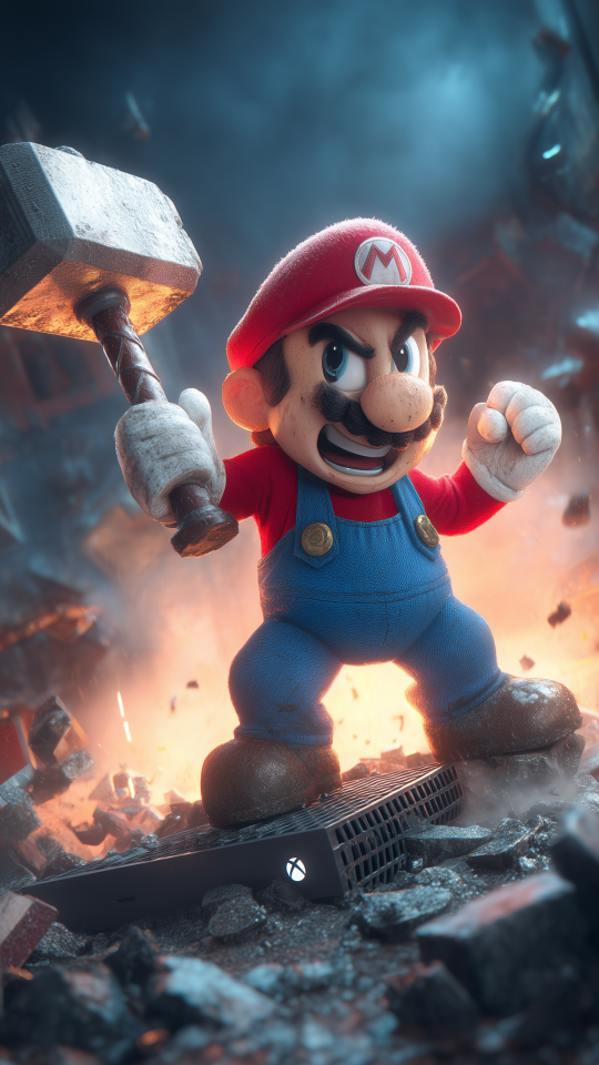 Sinister Super Mario wielding a giant hammer like Mjolnir, standing on a destroyed Xbox in a ruined cityscape.